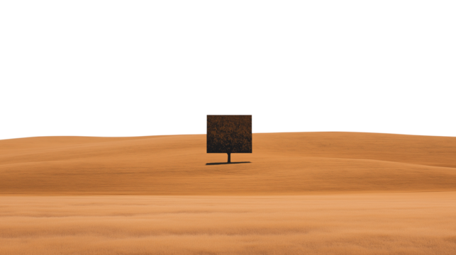 Surreal Minimalist Landscape with Square Tree in Wheat Field on Transparent Background Cutout