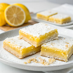 Lemon bars dusted with confectioners' sugar, served on plates with fresh lemons in the background.
