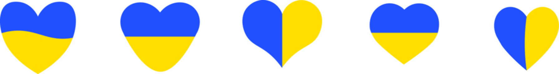 Set of yellow-blue flag in the shape of a heart.  I love Ukraine. Set of patriotic icons. Vector illustration.
