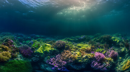 Fototapeta premium A vivid underwater landscape with multi-colored coral formations in shades of green purple and blue.