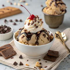 Delicious sundae with ice cream, chocolate sauce, whipped cream, cherry and chocolate chip toppings.
