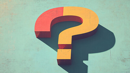 A bold three-dimensional question mark in red and yellow casts a strong shadow on a textured teal background with vintage lighting  
