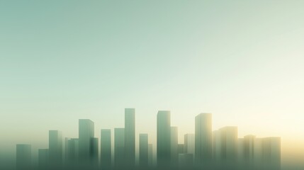 Fog envelops a modern city skyline during sunrise creating a serene, tranquil atmosphere