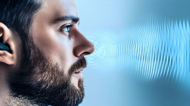 Hearing loss concept with man and sound waves illustration on light blue background, closeup