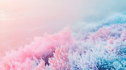 Fototapeta premium A wide view of a coral reef covered in shades of lavender peach and aqua tones.