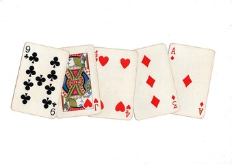 A hand of vintage playing cards on a white background.