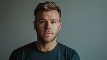 Fototapeta premium Confident Young Man with Short Hair Posing Against a Minimalist Background