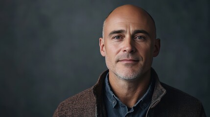 Fototapeta premium Confident Middle-Aged Man in a Cozy Sweater Against a Dark Background