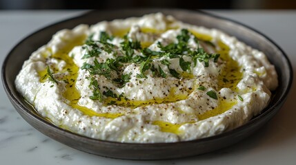Creamy dip, topped with herbs and oil, on a dark plate, marble surface in the background
