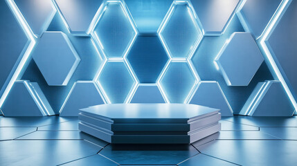 Hexagonal Podium with a Brushed Aluminum Texture Set Against a Backdrop of Angular, Glowing LED Panels in Shades of Blue and White, Creating a High-Tech Atmosphere Ideal for Showcasing Electronics or 