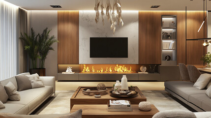 Elegant Living Room with Stone Fireplace and Plush Seating