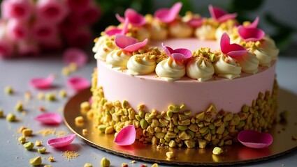 Decadent Rose Pistachio Cake with Buttercream, Edible Rose Petals, and Crushed Pistachios