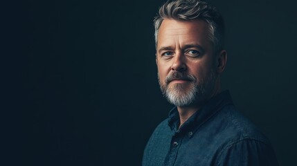 Fototapeta premium Portrait of a Thoughtful Mature Man with a Beard in a Dark Setting