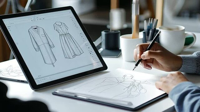 Fashion Designer Sketching on Tablet with AI 3D Models Generation