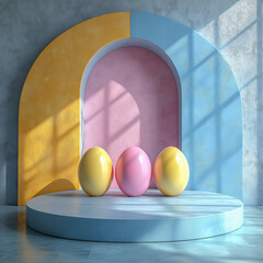 Set of 3D happy easter day background. Yellow, blue, pink and white podium in egg oval shape gate backdrop scene. Platforms mockup product display. Abstract composition minimal design. Stage showcase.