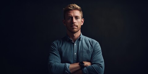 Confident Young Man in Casual Attire Posing Against a Dark Background