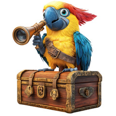 A Curious 3D Cartoon Parrot Holding a Pirate's Telescope Isolated on Transparent Background