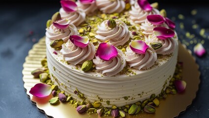 Decadent Rose Pistachio Cake with Buttercream, Edible Rose Petals, and Crushed Pistachios
