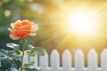 Fototapeta premium A vibrant orange rose blooming in sunlight with a white picket fence in the background.