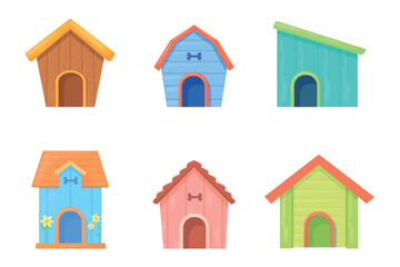 Doghouses. Cartoon dog houses, wooden kennel for puppy pet home booth with roof domestic animals house cozy canine cabin wood construction set vector illustration