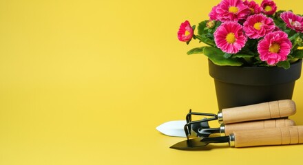 Colorful pink flowers in a pot with gardening tools on a bright yellow background