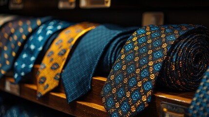 Display of patterned ties on wooden shelves in a store