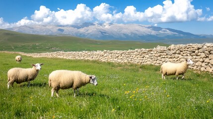 Sheep graze near ancient wall, mountain backdrop; idyllic pastoral scene, stock photo