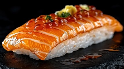 Grilled salmon nigiri, caviar topping, dark background, restaurant menu