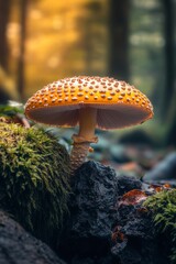 Closeup view of fresh mushroom in forest in Spring.
