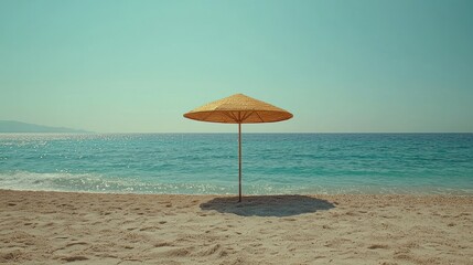 Empty beach umbrella on sandy shore with turquoise sea