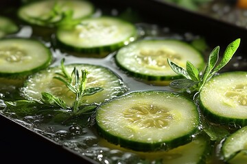 
a frame with cucumber water, where thin slices of cucumber and greens float.