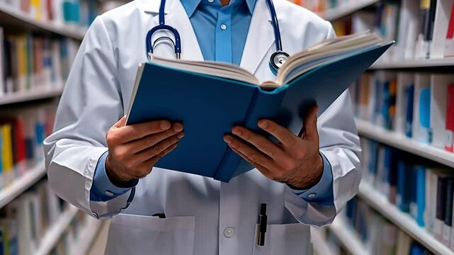 A dedicated male doctor in a white coat reads a reference book in a quiet library. Concept of continuous learning and professional expertise