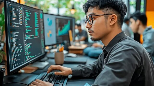 A focused young Asian male programmer types code on multiple monitors in a busy office. Concept of software development and collaborative innovation