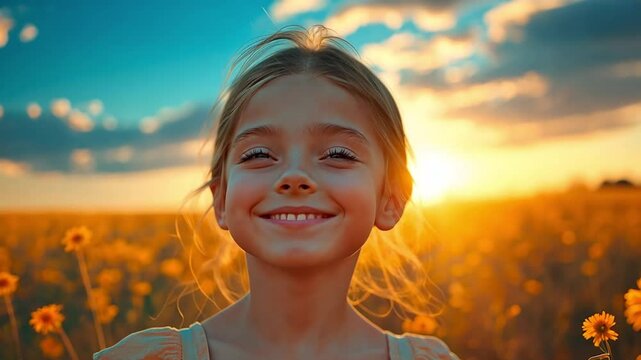 A happy young girl smiles brightly in a sunflower field at dusk. Concept of childhood wonder and summer freedom