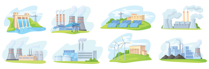 Different energy stations. Renewable power sources factory plant production, gas wind solar coal nuclear electricity hydroelectric dam industrial building, neat vector illustration