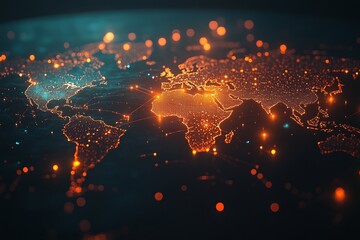 Global Network Connections Digital World Map Abstract Orange and Teal Technology Background Illuminated Digital Global Network Connections Futuristic 