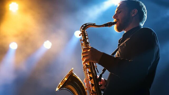 Saxophonist performing on stage, concert lights