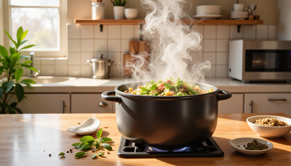 Whimsical herbal concoction boiling in cozy kitchen, comforting warmth