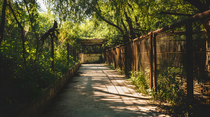 An abandoned zoo with crumbling enclosures rusted cages and vines overtaking the pathways.