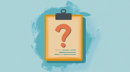 clipboard illustration featuring a large red question mark over paper against a light blue background