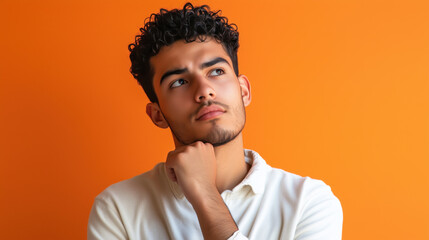Obraz premium Thoughtful Hispanic Man in His 20s with Hand on Chin and a Distant Look, Posing Against a Solid Orange Background, Reflecting Introspection and Curiosity