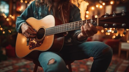 Naklejka premium A young musician playing an acoustic guitar in a cozy, softly lit setting with bokeh lights in the background