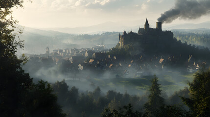 Naklejka premium A fortified knight city atop a hill surrounded by deep forests and rolling fields with smoke rising from chimneys.