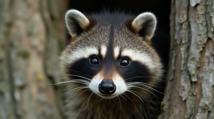 Fototapeta premium Raccoon Peeking from Behind a Tree