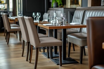 Stylish restaurant interior featuring modern tables, plush leather chairs, polished glassware, and soft lighting in a serene atmosphere.