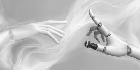 An abstract representation of a soft futuristic wave featuring a human hand and a robotic hand reaching towards each other amidst a wispy background