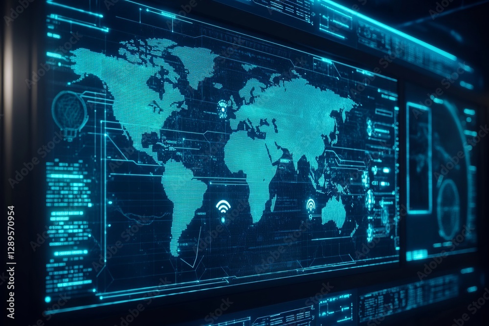 Poster global network digital world map futuristic technology interface screen display blue digital data vi