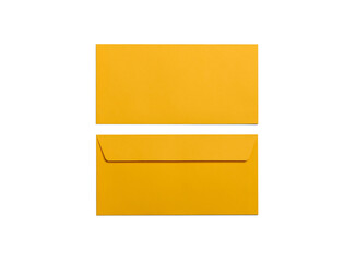 Simple blank yellow envelope isolated, front and back view. The narrow long size.
