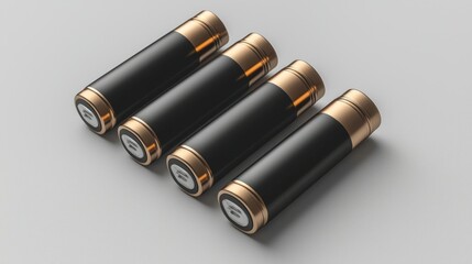 Fototapeta premium Four black and gold cylindrical batteries on a light gray surface
