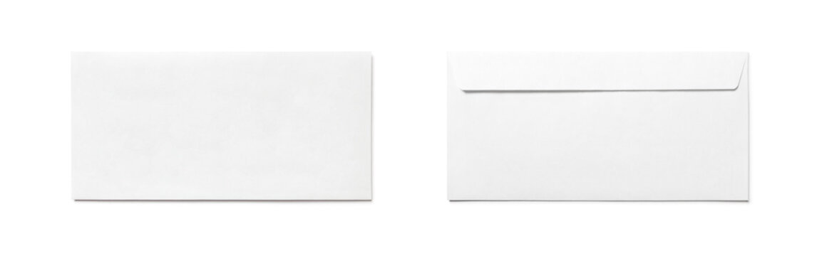 Simple blank white envelope isolated, front and back view. The narrow long size.
